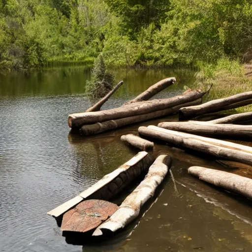 Image similar to primitive wooden dock on a lake coast with primitive rowboats docked at it, bushcraft, made of logs