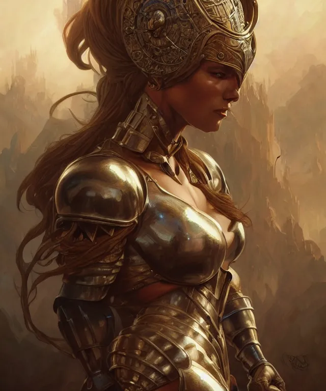 Image similar to Muscular and powerful medieval knight woman portrait, sci-fi, amber eyes, face, long hair, fantasy, intricate, elegant, highly detailed, digital painting, artstation, concept art, smooth, sharp focus, illustration, art by artgerm and greg rutkowski and alphonse mucha