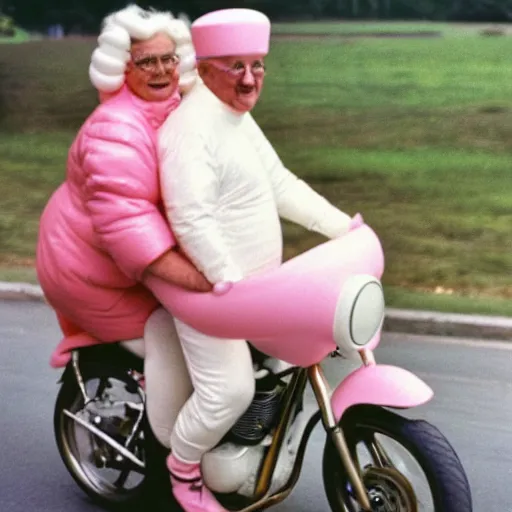 Image similar to a martin parr photo of a grandpa couple, wearing michelin man white body costumes, riding a pink pig, 1 9 7 0 s kodachrome colour photo, flash on camera,