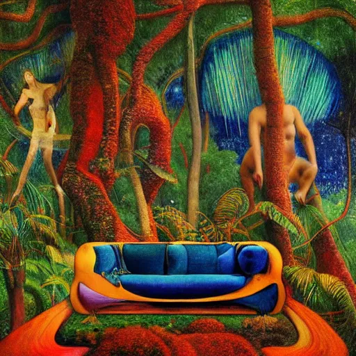 Image similar to psychedelic couch sofa in the lush forest, milky way, designed by arnold bocklin, jules bastien - lepage, tarsila do amaral, wayne barlowe and gustave baumann, cheval michael, trending on artstation, mediterranean, star, sharp focus, colorful refracted sparkles and lines, soft light, 8 k 4 k