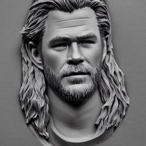 Image similar to epic detailed cnc machine carving of chris hemsworth as thor