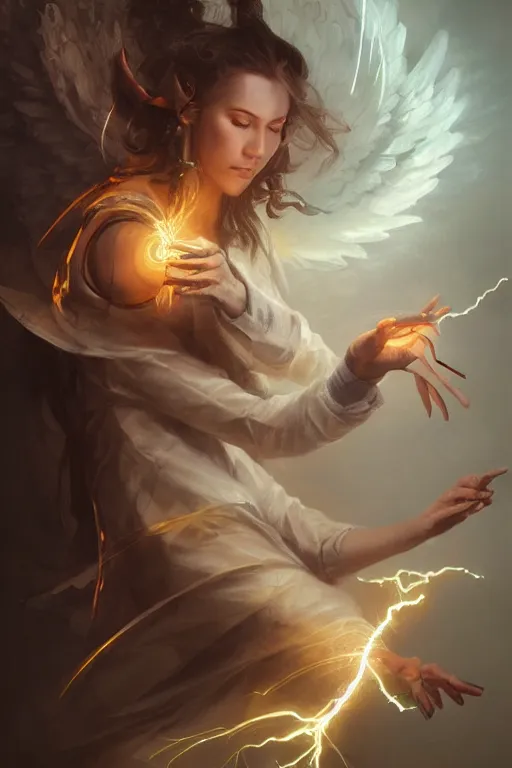 Prompt: portrait of a beautiful model casting magic spell holding electricity, angel, fantasy, dramatic lighting, highly detailed, digital painting, holding electricity, magic the gathering, hyper detailed, 3 d render, hyper realistic detailed portrait, peter mohrbacher, wlop, ruan jia