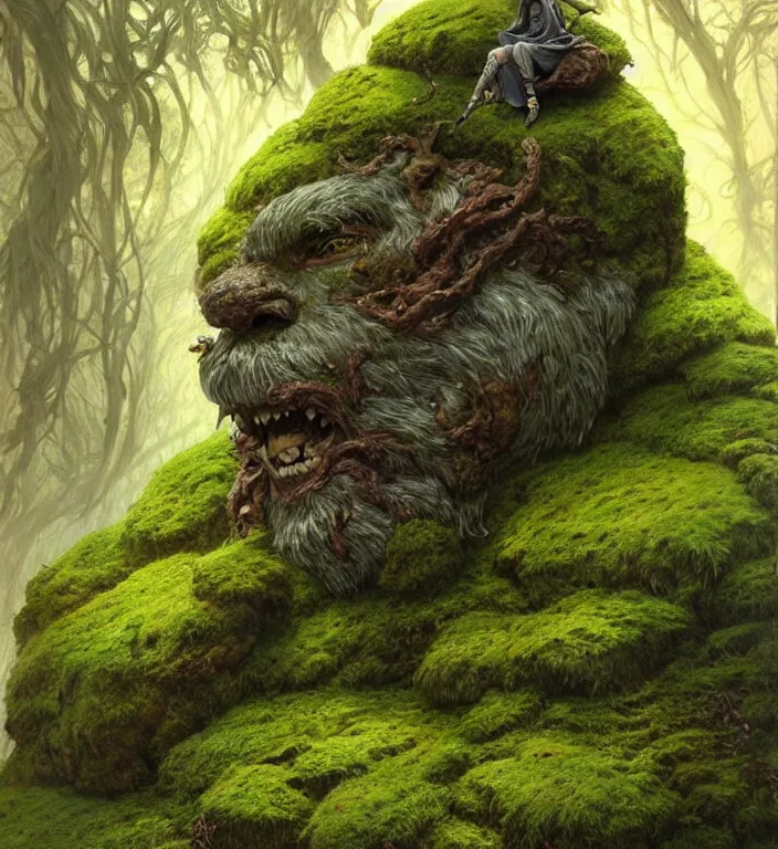 Prompt: rock monster covered in moss with a moss beard!!, dnd, highly detailed, detailed face, manga illustration, by artgerm, greg rutkowski, alphonse mucha