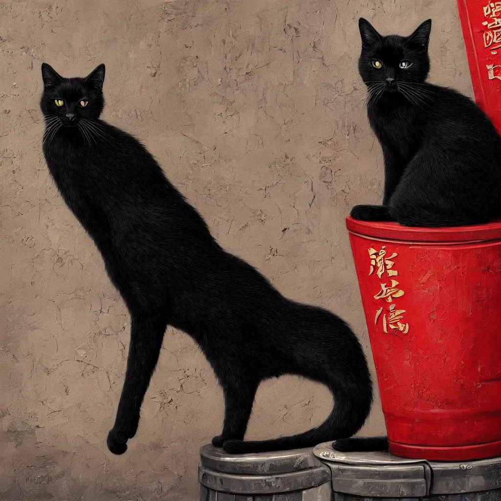 Prompt: a beautiful and highly detailed painting of a black cat on a trash can in kowloon city by Iwan Baan, Cyril Rolando, David Friedrich, Martin Johnson Heade and Lee Madgwick hyperreal 4k artstation