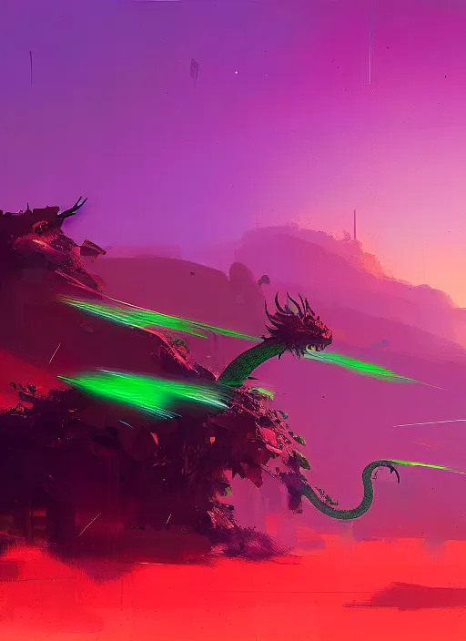 Image similar to green dragon of the desert, purple and red hour, by ismail inceoglu