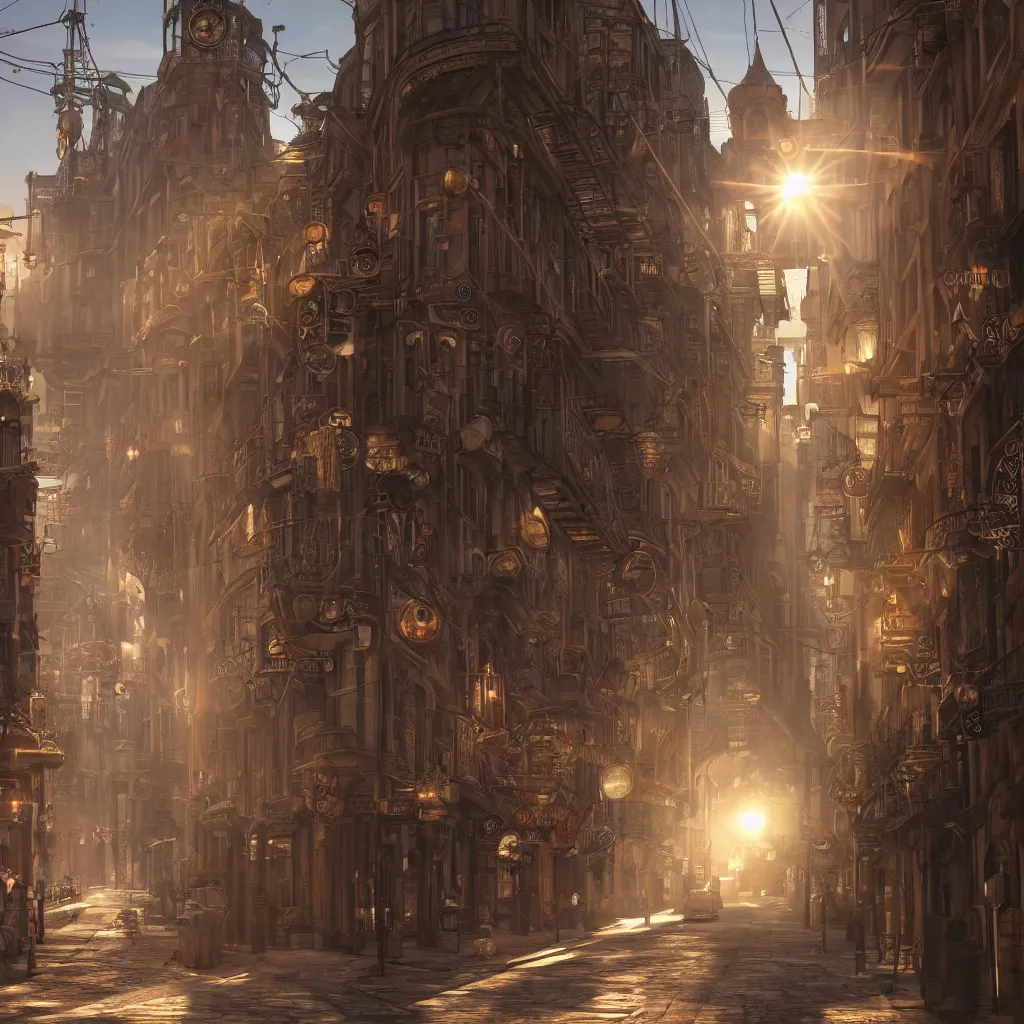 Image similar to photorealistic steampunk city streets. daylight. sunlight. lens flare. light fixtures. 8K. detailed. photorealism. artstation. 25mm f/1.7 ASPH Lens. ultra realistic