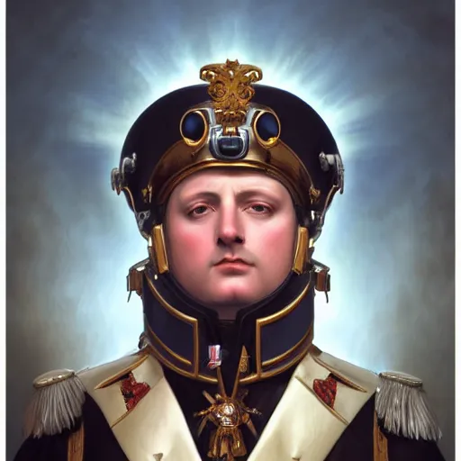 Prompt: portrait of divine emperor napoleon bonaparte, handsome, jet pilot, glass visor, oxygen cannula, dieselpunk steampunk napoleonic french baroque, metal shoulder pauldrons, intricate, highly detailed, digital painting, artstation, concept art, sharp focus, cinematic lighting, illustration, art by artgerm and greg rutkowski, alphonse mucha, cgsociety