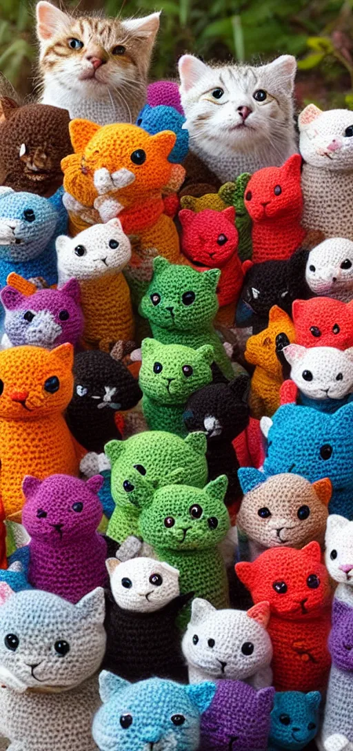 Prompt: multicolored crocheted cats, 2 0 3 0 s catalogue photo,