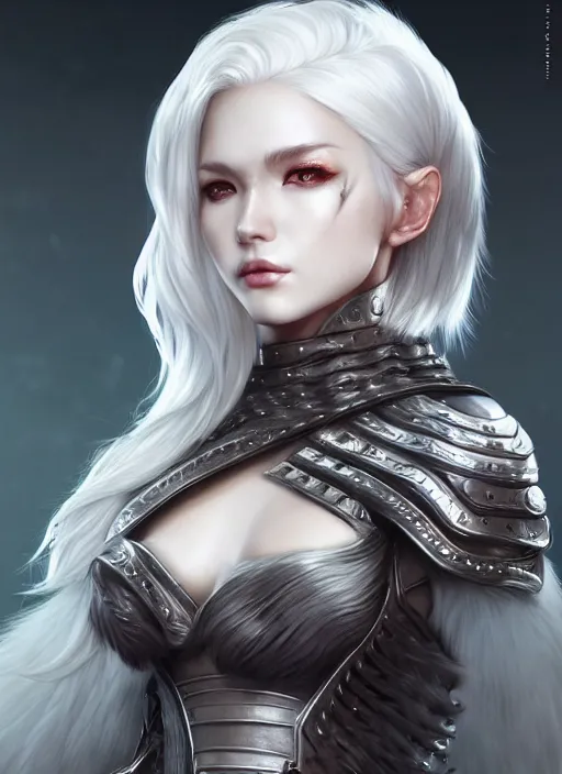 Image similar to warrior, fur leather armor!!! beautiful and elegant white hair female!! gorgeous ayes!! character concept art, sharp focus, octane render! unreal engine 5! highly rendered!! trending on artstation!! detailed linework!! illustration by artgerm, wlop, and chie yoshii