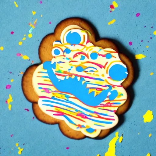 Image similar to die cut sticker, the cookie monster breakdancing, splatter paint