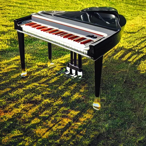 Image similar to a photo of a transparent perspex piano in a field, beams of light, nostalgic