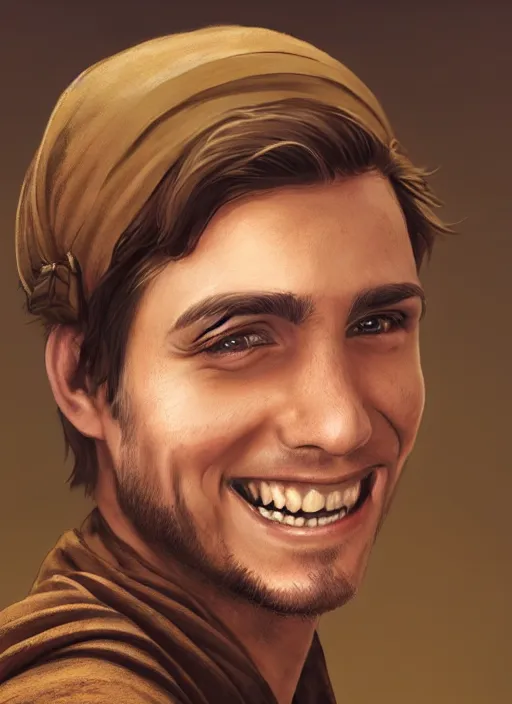 Prompt: a brown haired young man with stubble, short hair, wearing brown jedi robes, smiling, close up, portrait style, star wars atmosphere, photographic print, artgerm, hyper - realistic