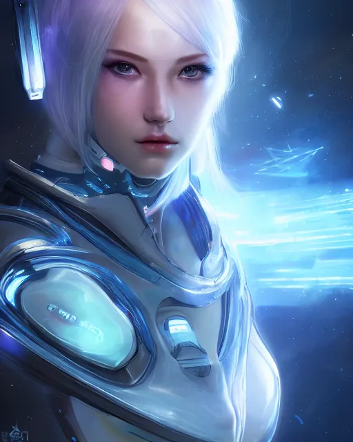 Image similar to perfect android girl on a mothership, warframe armor, beautiful face, scifi, futuristic, galaxy, nebula, raytracing, dreamy, long white hair, blue cyborg eyes, sharp focus, cinematic lighting, highly detailed, artstation, divine, by gauthier leblanc, kazuya takahashi, huifeng huang