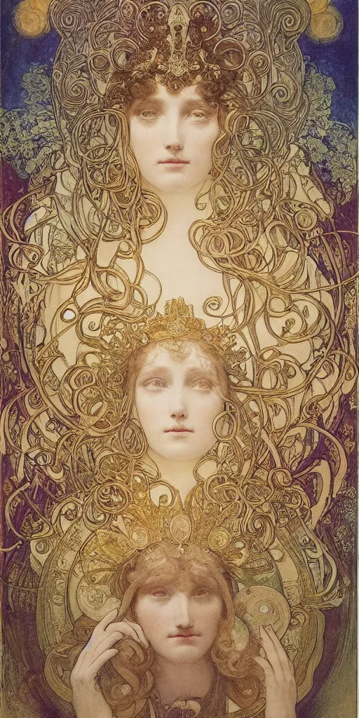 Prompt: portrait, face, saint woman, venus, athena, halo, queen, by alphons mucha and annie swynnerton and jean delville, strong dramatic cinematic lighting, ornate headdress, flowing robes, spines, flowers, stars, lost civilizations, smooth, sharp focus, extremely detailed, marble, gold, space