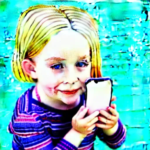 Image similar to 3 year old blonde girl with iphone, colored pencil on white background by eloise wilkin