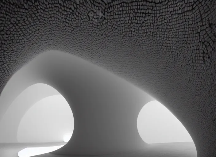 Image similar to a circular portal structure in the centre of an abandoned zen white cave full of geodes, beautiful curves, golden ratio, epic lighting, unusual composition, 4 k, zaha hadid, irakli nadar