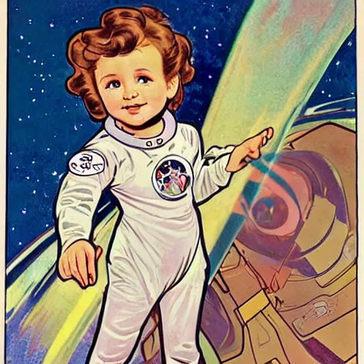 Image similar to a cute little girl with a mischievous face and short brown wavy curly hair. she is dressed as an astronaut. well composed, clean elegant painting, beautiful detailed face. comic book art by steve ditko and jack kirby and ( alphonse mucha )