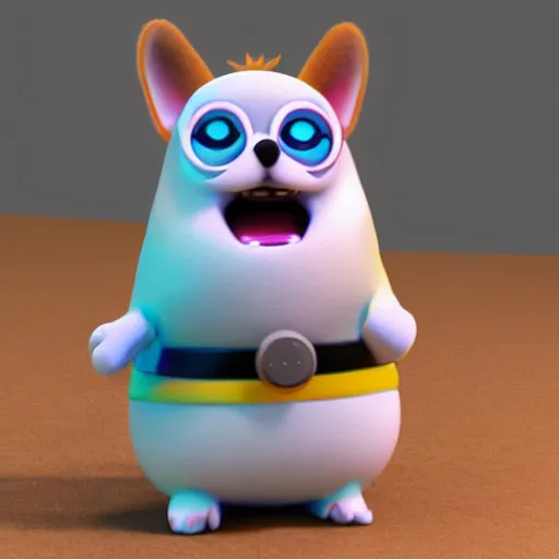 Image similar to cute happy corgi furby, pixar, 3 d render, concept art