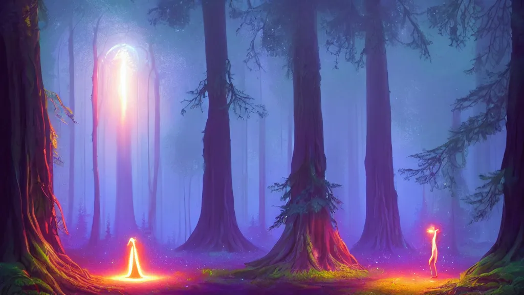 Prompt: glowing portal in a clearing glade in a redwood forest at night. shimmering portal. the forest redwood trees are lit by a glow. by cyril rolando and naomi okubo and dan mumford and ricardo bofill. beeple. noah bradley. digital render. digital painting. trending on artstation. concept art.