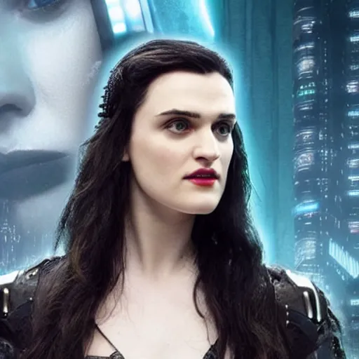 Image similar to Katie McGrath as Cyberpunk Morgana