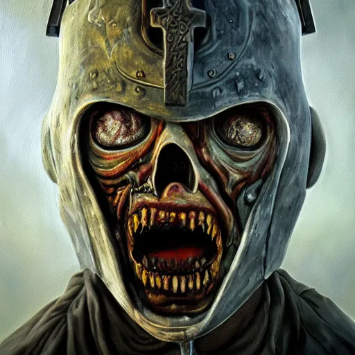 Prompt: an portrait of a zombie crusader, Illustration, Detailed Oil painting, hyperrealistic