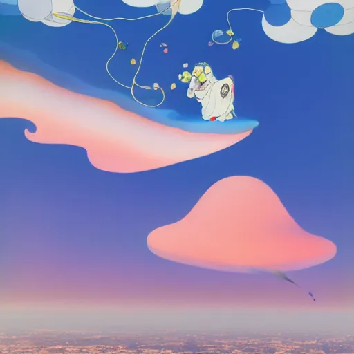 Image similar to a man walking on clouds above kyoto by takashi murakami, beeple and james jean, aya takano color style, 4 k, super detailed