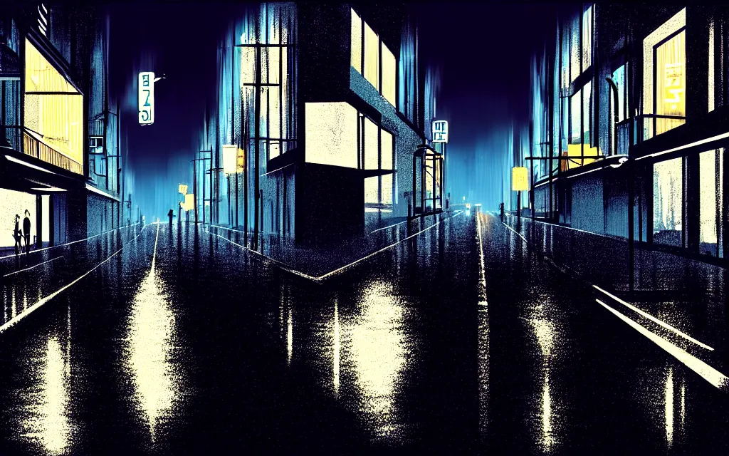 Image similar to concept art, wet helsinki street at night by roger deakins, in the style of syd mead and liam wong