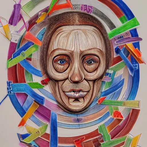 Prompt: 10% done, medium: colored pencil, face made of Notation, Symbols, Lines, Sequences, Interpretation, Instructions, Communication, Visuality, Process, form, line, character, surface, space, material, immaterial, sensual, symbolic, conceptual, Series, Variations, Temporalization, Processualization, Notation, Instruction, Form, Sign, Symbol, Movement, Parallel, Sequential, Disordered, Unconnected, Static, Visual, Mental, Iconic, Imaginative. Creative, large-scale, multi-part, process, drawing, repetition, variation, order, chaos, improvisation