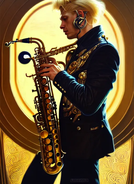 Image similar to portrait of a blond man playing sax, warhammer 40000, cyberpunk, intricate, elegant, highly detailed, digital painting, artstation, concept art, smooth, sharp focus, illustration, art by artgerm and greg rutkowski and alphonse mucha and Gustav Klimt