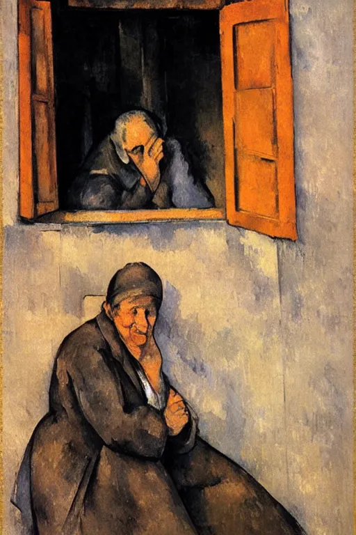 Image similar to an elderly and content italian woman leaning out of the window of an old building, smoking a cigarette, by paul cezanne, firenze, sunset, smooth, expressionist, gold, portrait