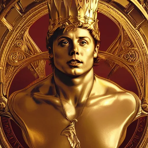 Image similar to portrait of Elon Musk as a greek god, marble statue, greek mythology, gold crown and filaments, intricate, headshot, highly detailed, digital painting, artstation, concept art, sharp focus, cinematic lighting, illustration, art by artgerm and greg rutkowski, alphonse mucha, cgsociety