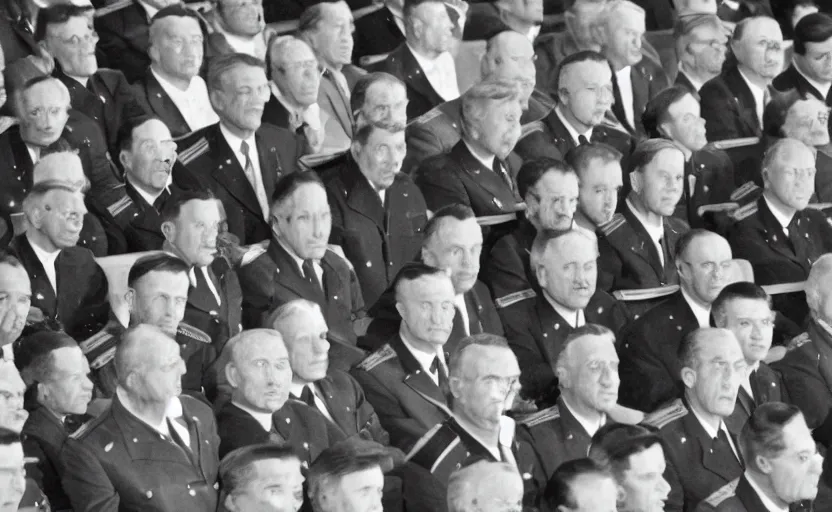 Image similar to 50s movie still of very diverse soviet generals officers marshal and politics head with very detailed faces in a stalinist parlement, by Alexei Guerman, Cinestill 800t 35mm black and white, heavy grainy picture, very detailed, high quality, 4k, HD criterion, precise texture, diverse faces, diverse haircuts, diverse ages, each faces precisely define