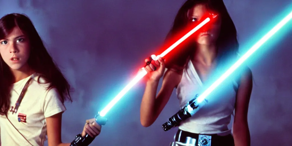 Prompt: a full color still of a teen brunette girl holding a lightsaber with a sci-fi battle in the background, cinematic lighting, 1999, directed by Steven Spielberg, 35mm