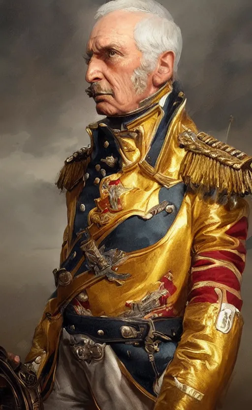 Prompt: Portrait of an old Napoleonic admiral, male, detailed face, fantasy, highly detailed, cinematic lighting, digital art painting by greg rutkowski