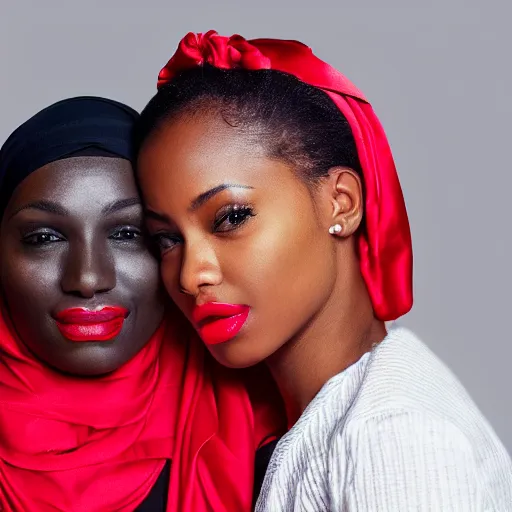 Prompt: Woman holding another woman, arm around her neck, black skin color, both have red lips, wearing hijab, silk ribbon over her eyes, style Photorealism