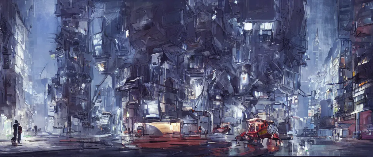 Image similar to concept art of one rescue robot, disaster in the city, night, shinji aramaki