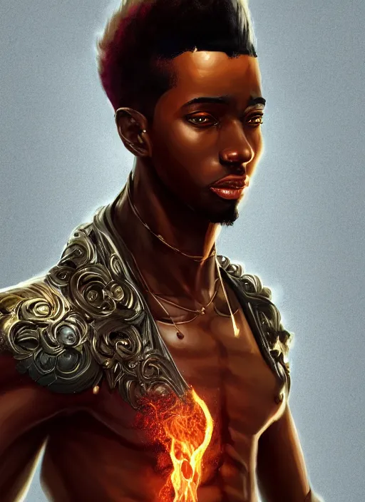 Image similar to a highly detailed illustration of attractive young african guy with flat top flaming hair, dramatic standing pose, intricate, elegant, highly detailed, centered, digital painting, artstation, concept art, smooth, sharp focus, league of legends concept art, wlop