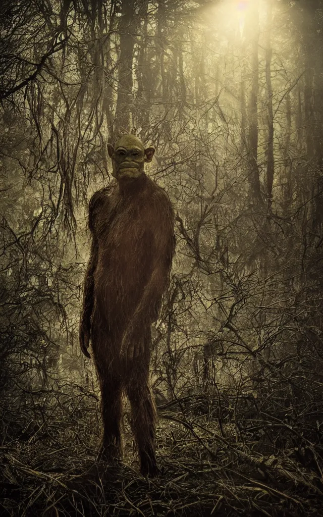 Prompt: a portrait of a swamp monster in a wooded bog at night, cinematic, wildlife photography, moody lighting