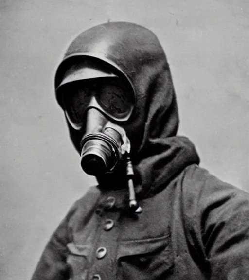 Image similar to man in anti radiation hazmat suit and optical gasmask, ww1 film photo, grainy, high detail, high resolution