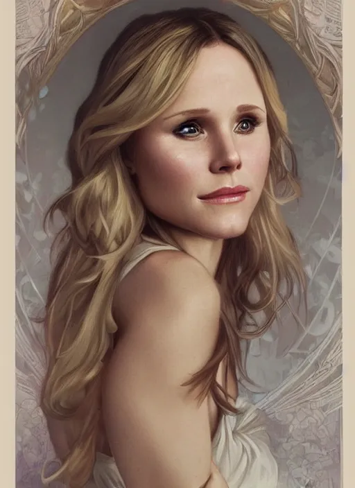 Image similar to beautiful portrait of kristen bell combined with maggie lawson, by magali villeneuve and greg rutkowski and artgerm and alphonse mucha, intricate, elegant, highly detailed, photorealistic, trending on artstation, trending on cgsociety, 8 k, sharp focus