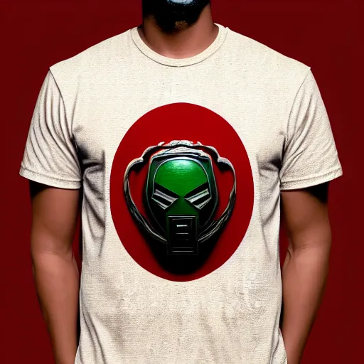 Image similar to portrait of mf doom, dr. doom metal steel mask, dark skin underneath. red t - shirt, beige complex background, intricate, elegant, highly detailed, digital painting, artstation, concept art, smooth, sharp focus, illustration, by anato finnstark, boissb - blanca. j, cindy avelino, clint cearley, anna podedworna