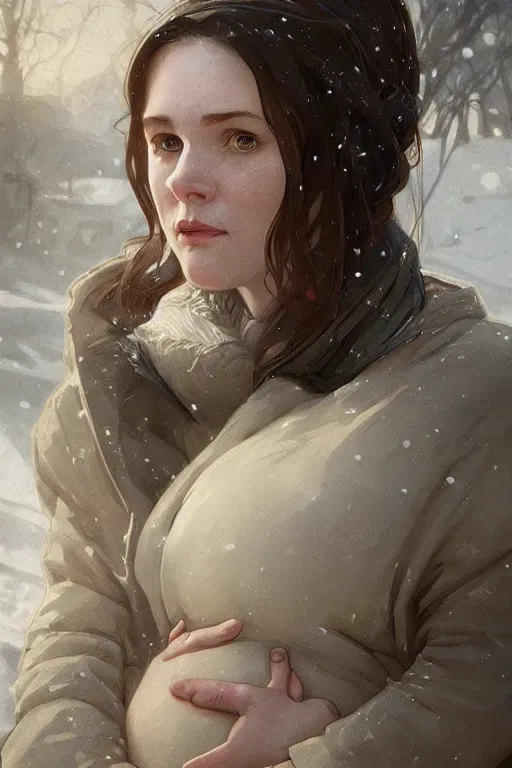 Image similar to portrait of a pale and sad pregnant woman in the besieged Leningrad in winter, digital painting, artstation, concept art, smooth, sharp focus, illustration, art by artgerm and greg rutkowski and alphonse mucha