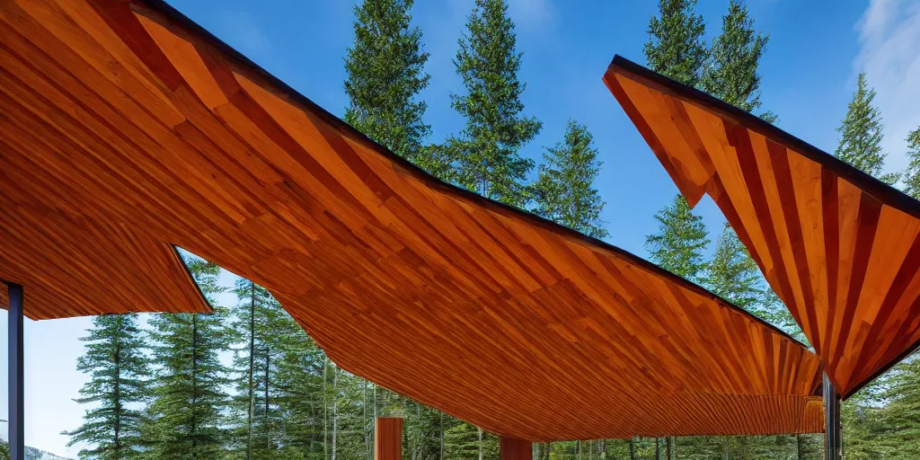 Prompt: faceted wood roof planes lift and descend creating shade and architectural expression, highly detailed, situated on snow, vivid colors, lush vegetation