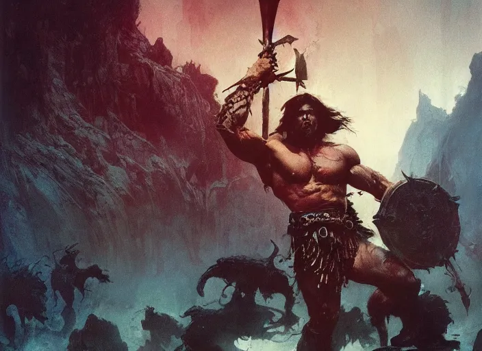 Image similar to conan the barbarian, intricate, elegant, highly detailed, vivid colors, john park, frazetta, sparth, ruan jia, jeffrey catherine jones