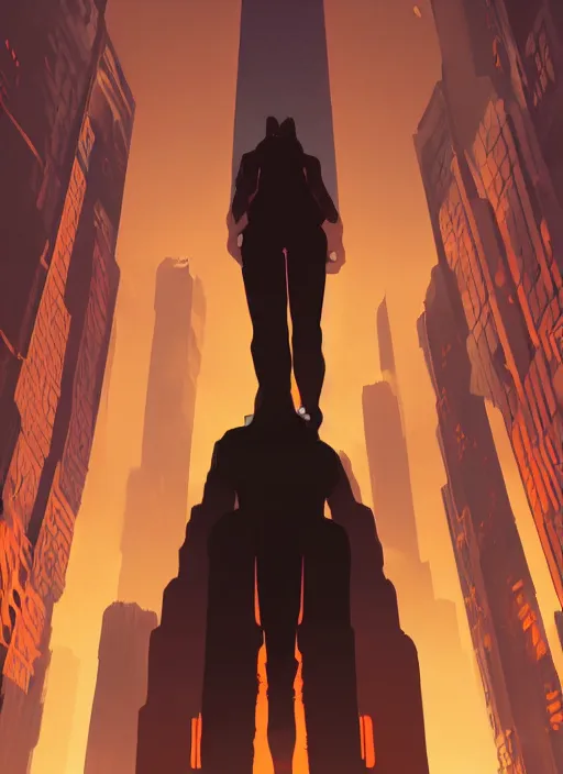 Prompt: huge orange glowing humanoid standing next a skyscraper with thousands of floors and bright yellow windows inside a dark cavern, in the Style of Artgerm and Charlie Bowater and Atey Ghailan and Mike Mignola, hard shadows and strong rim light, Comic Cover Art