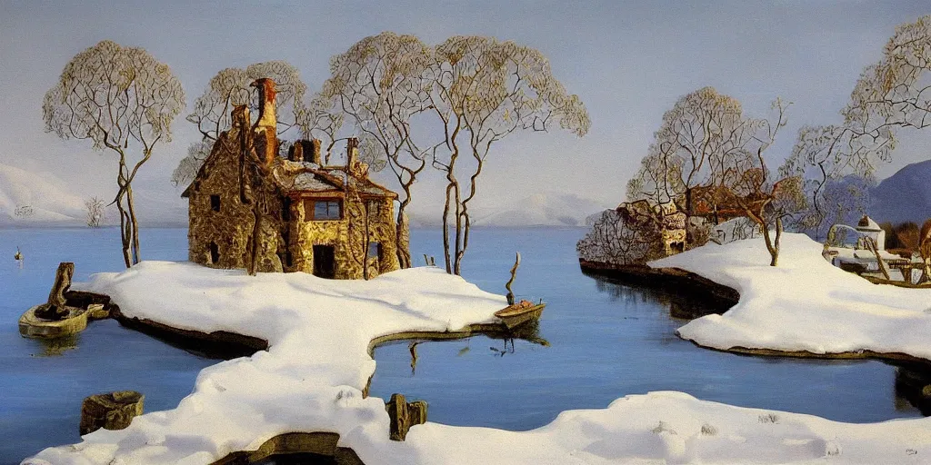 Prompt: an oil painting of a lakehouse in the winter painted by salvador dali, high detail,