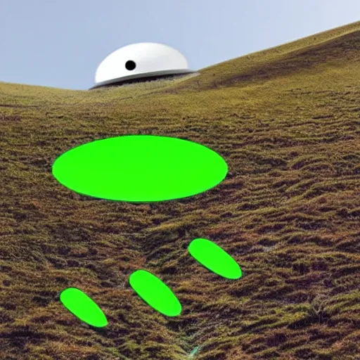 Prompt: a flying saucer on a mountain, with green aliens coming out of it, shaking hands with a human.
