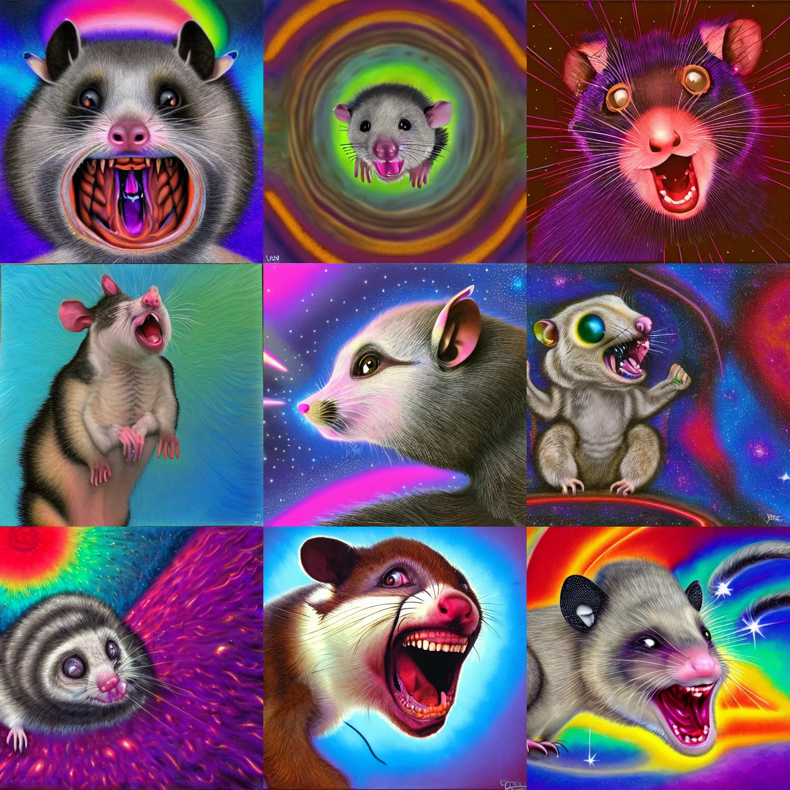 Prompt: possum screaming at the void of space, art station trending by james gurney, o'keefe, and lisa frank. hdr, 8 k, hd, photorealism