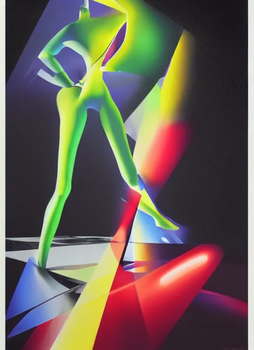 Image similar to futuristic lasers tracing, colorsmoke, fullbodysuit, pyramid hoodvisor, raindrops, wet, oiled, beautiful cyborg girl, by steven meisel, kaws, rolf armstrong, mondrian, hannah af klint perfect geometry abstract acrylic, octane hyperrealism photorealistic airbrush collage painting, monochrome, neon fluorescent colors, minimalist rule of thirds, eighties eros