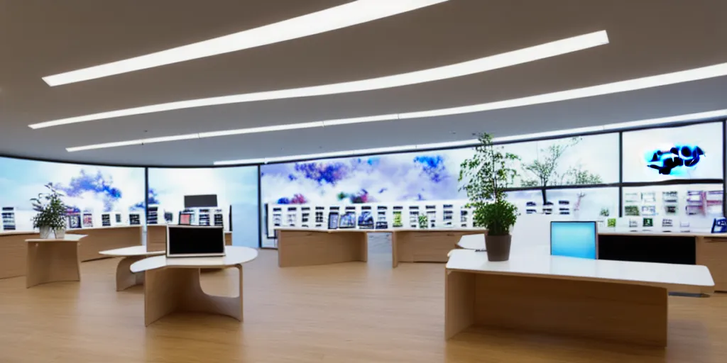 Image similar to wide angle photograph, atmospheric, realistic lighting, light bloom sunlight, nature outside, reflections, small samsung store. white walls. timber floor. display tables with phones and tablets. low ceilings with downlights and spots. curved white furniture with large digital screens. a few plants in the background